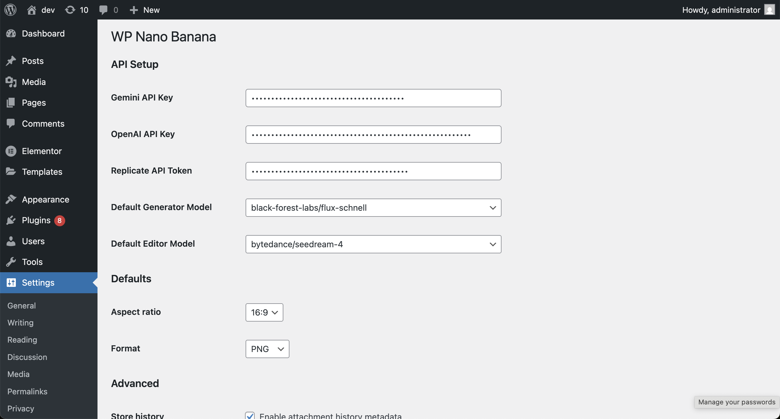 Settings page for API configuration