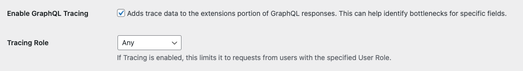 Screenshot of enabling Tracing in WPGraphQL Settings
