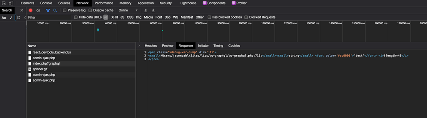 Screenshot of debugging a GraphiQL request using Chrome Dev Tools
