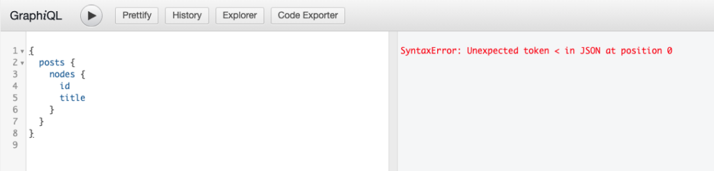 Screenshot of a query in GraphiQL IDE returning a SyntaxError