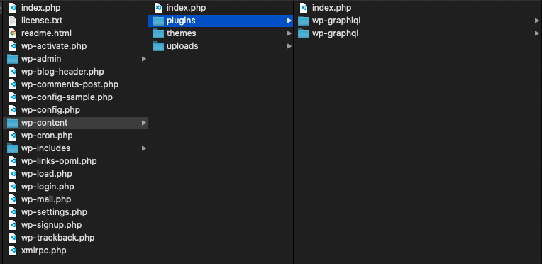 Screenshot of the file path of a WordPress plugin directory shown in Mac's Finder UI