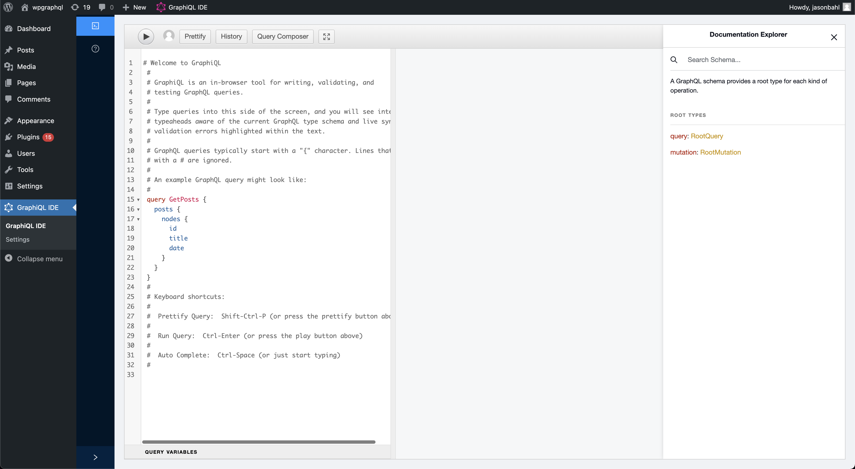 Screenshot of the GraphiQL IDE in the WordPress dashboard