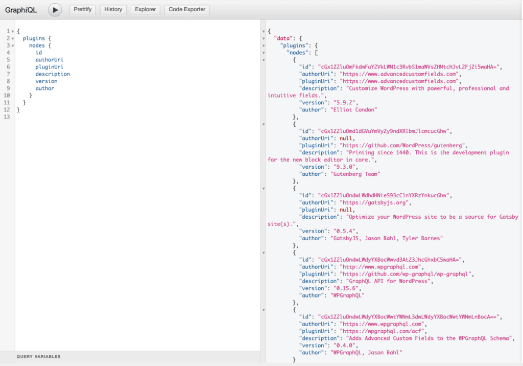 Screenshot of a GraphQL Query for a list of plugins from an authenticated user