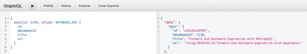 Screenshot of a query for a post by Database ID
