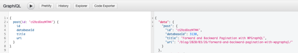 Screenshot of a GraphQL query for a single post using the Global ID