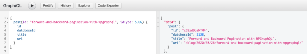 Screenshot of a GraphQL query for a single post using the SLUG