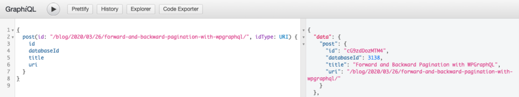 Screenshot of a GraphQL query for a single post using the URI
