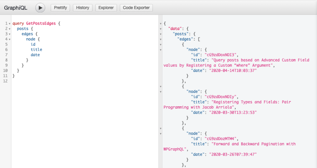 Screenshot of a Query for Posts, Edges and node