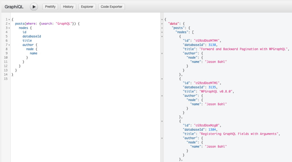 Screenshot of a GraphQL Query for posts using a search keyword