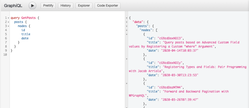 Screenshot of a Query for Posts, Edges and node