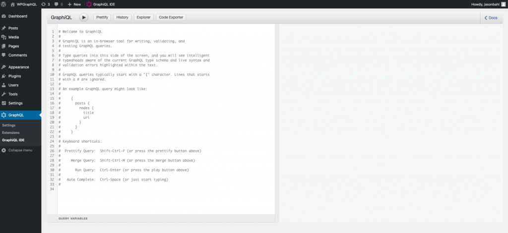 Screenshot of GraphiQL IDE in the WordPress Dashboard