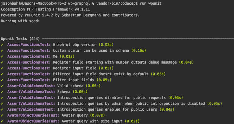 Screenshot of Codeception tests running in the terminal.