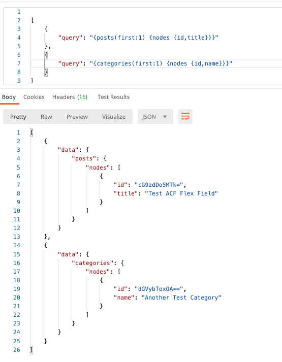 Screenshot of Postman showing an array of GraphQL queries and the response