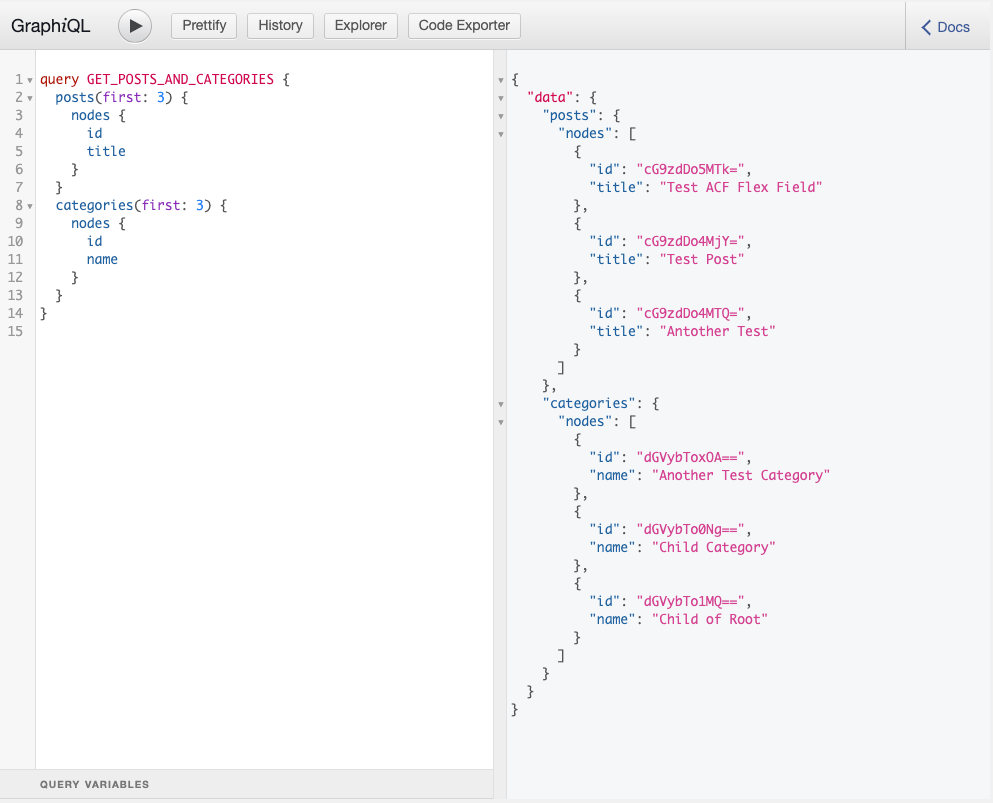 Screenshot showing a GraphQL query for both Posts and Categories