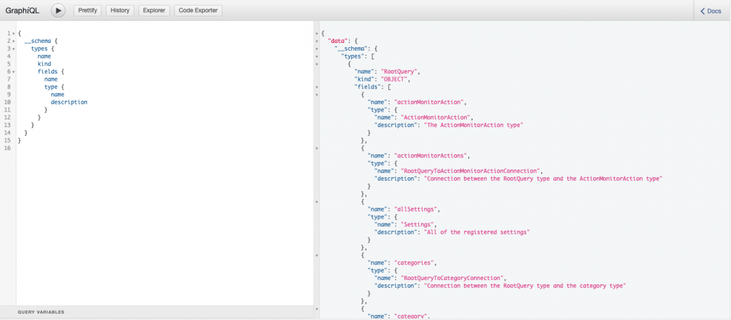 Screenshot showing a GraphQL Schema query asking for Types and Fields