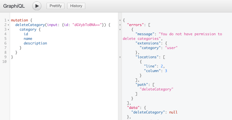 Screenshot of an unsuccessful GraphQL Mutation to delete a Category