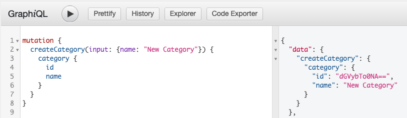Screenshot of a successful GraphQL Mutation to create a category