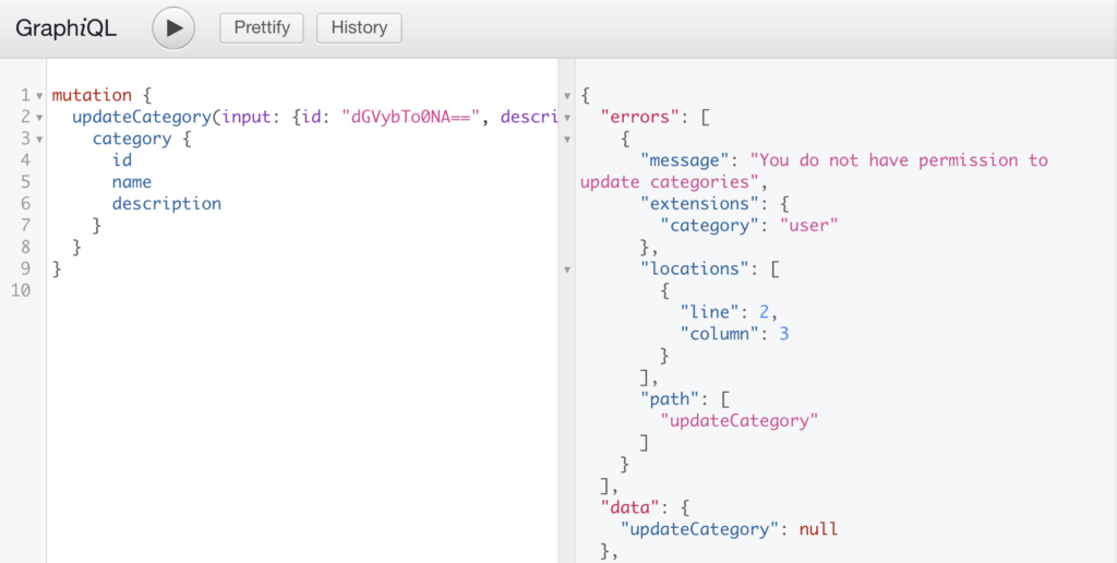 Screenshot of an unsuccessful GraphQL Mutation to update a category