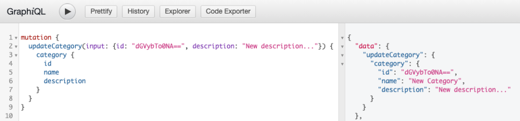 Screenshot of a successful GraphQL mutation to update a Category