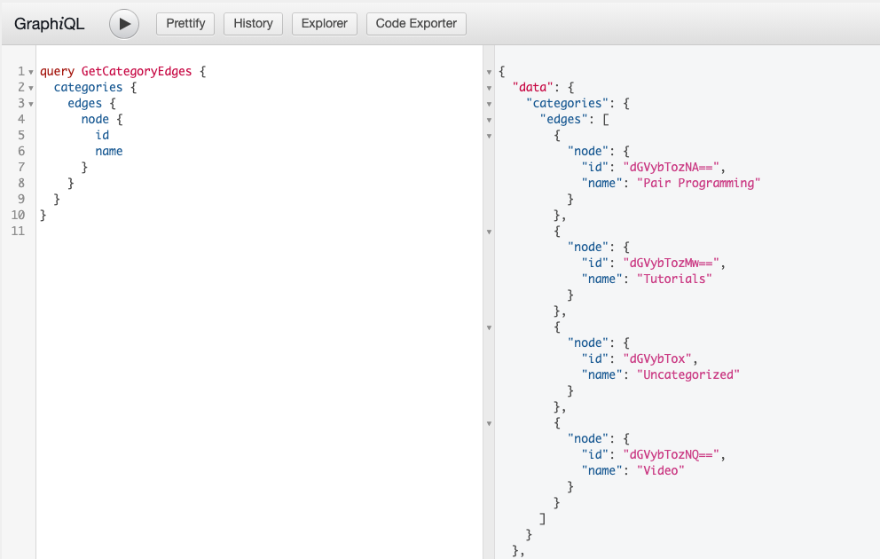 Screenshot of a query for a list of Categories, edges and nodes