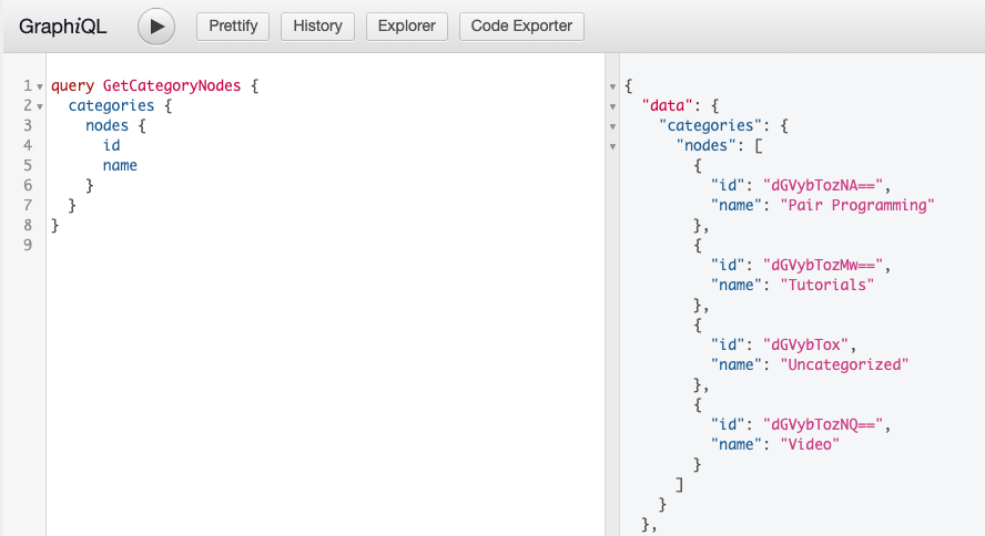 Screenshot of a query for a list of Categories nodes