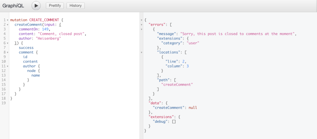 Screenshot of a failed createComment mutation because the post was closed to comments.