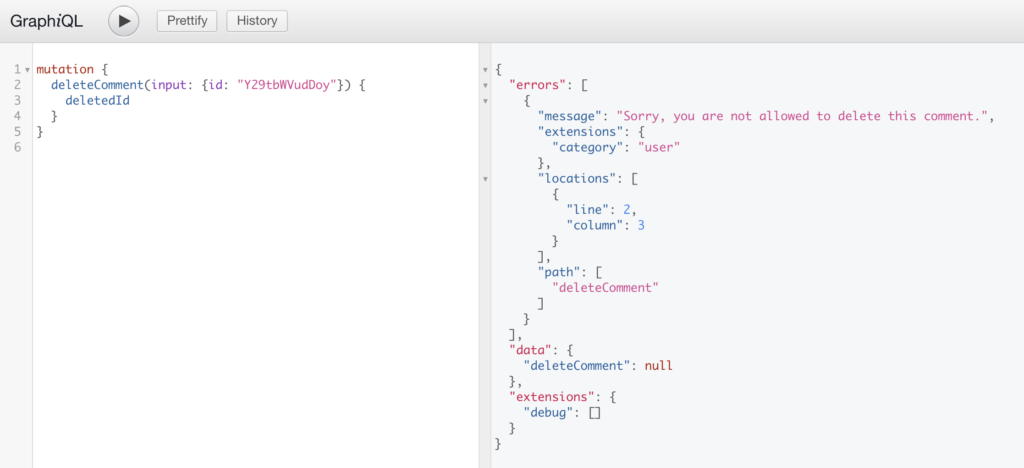 Example comment deletion failure because of access permissions.