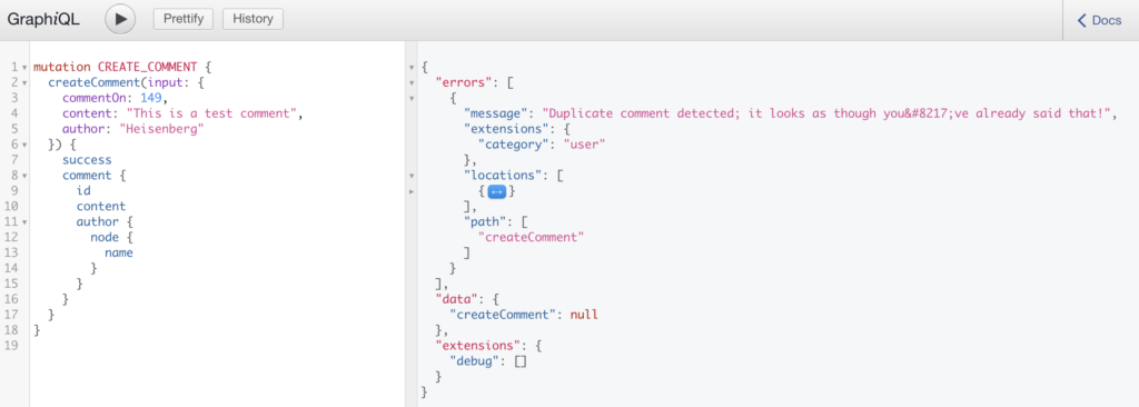 Screenshot of an unsuccessful mutation, failed because it's a duplicate