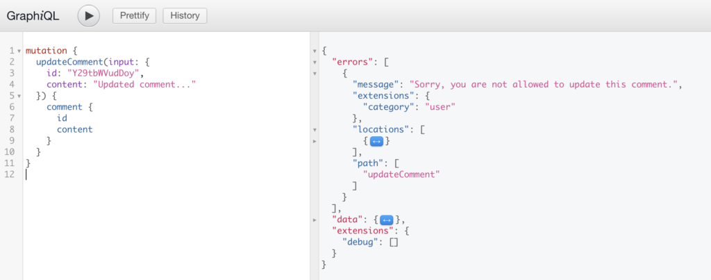 Screenshot of an unsuccessful updateComment Mutation