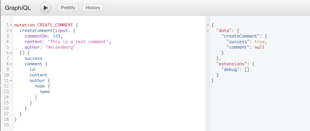Screenshot of a createComment Mutation from a public user