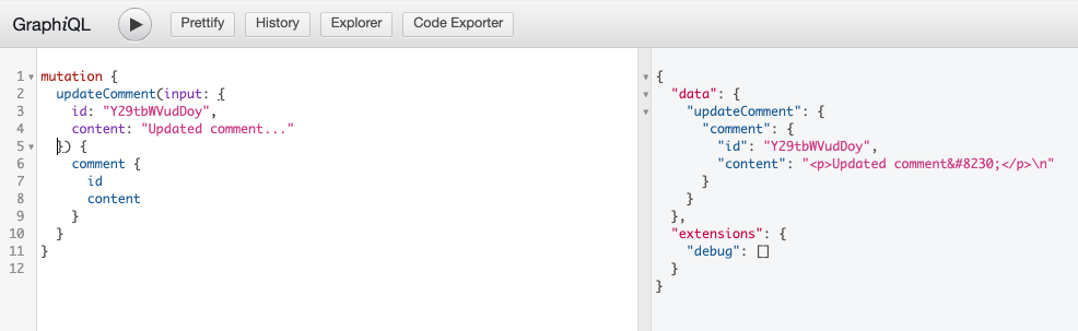 Screenshot of a successful createComment Mutation