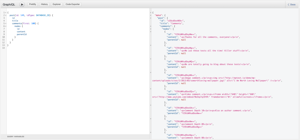 Example of querying a list of comments of a specific post