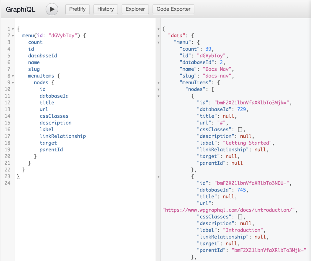Screenshot of a GraphQL Query for a Menu by Global ID