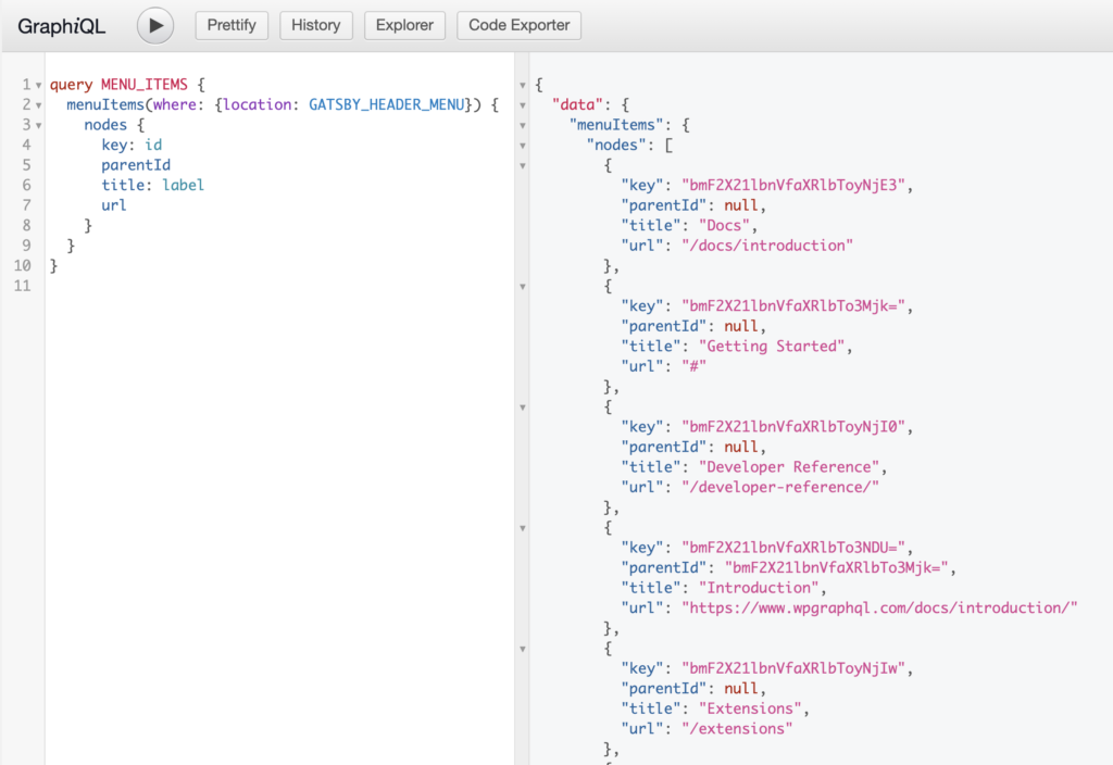 Screenshot of a GraphQL Query for Menu Items, filtered by Menu Location