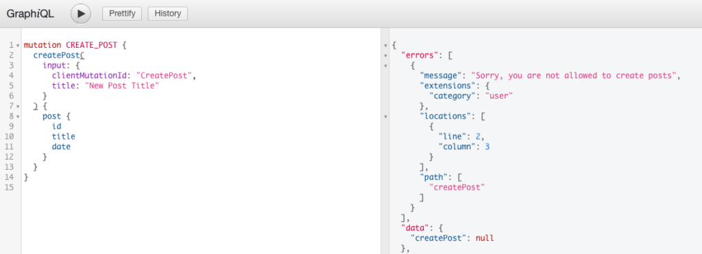 Screenshot showing a failed mutation to create a post