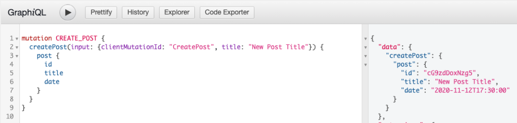 Screenshot showing a successful mutation to create a post
