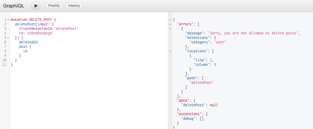 Screenshot of an unsuccessful Mutation to delete a post