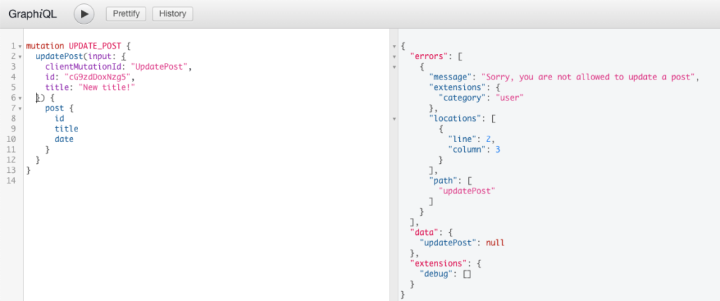 Screenshot showing a failed mutation to update a post