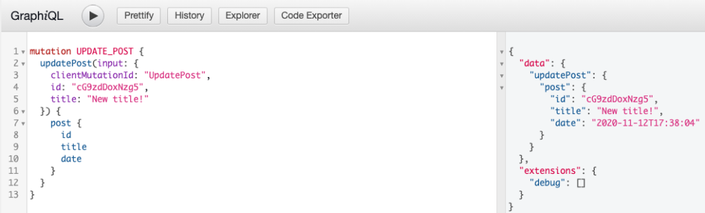Screenshot of a successful Mutation to update a post