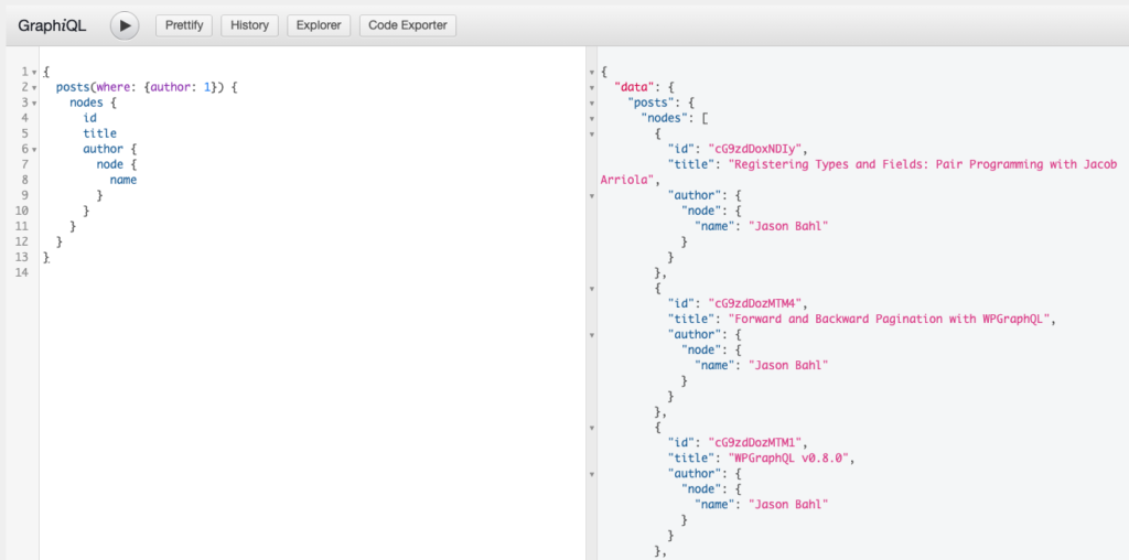 Screenshot of a GraphQL Query for posts written by a specific author