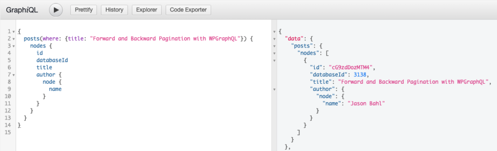 Screenshot of a GraphQL Query for posts for a specific title