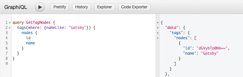 Screenshot of a GraphQL query filtering Tags by nameLike