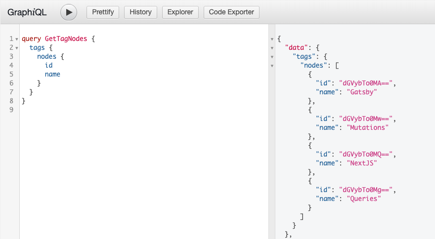 Screenshot of a query for Tags nodes