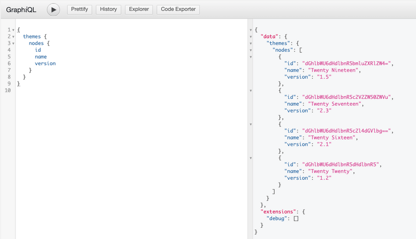 Screenshot of a Query for a list of themes from an authenticated user