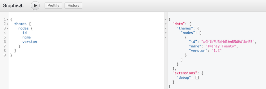 Screenshot of a Query for a list of themes from a non-authenticated user