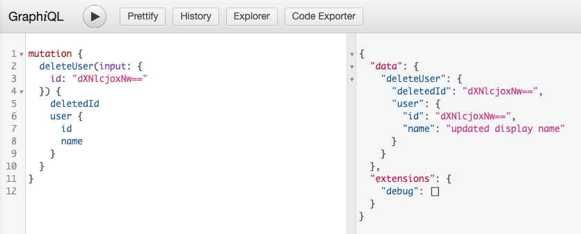 Screenshot of a successful GraphQL Mutation to delete a user