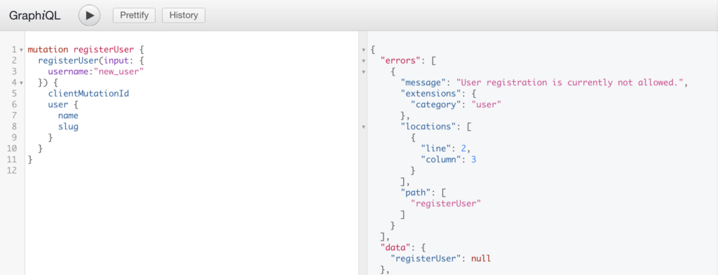 Screenshot of an unsuccessful registerUser mutation
