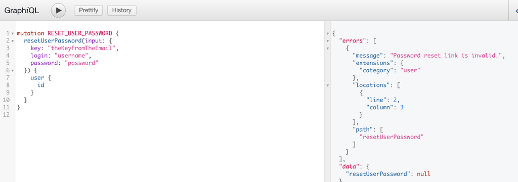 Screenshot of an unsuccessful resetPasswordMutation