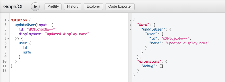 Screenshot of a successful GraphQL mutation to update a user