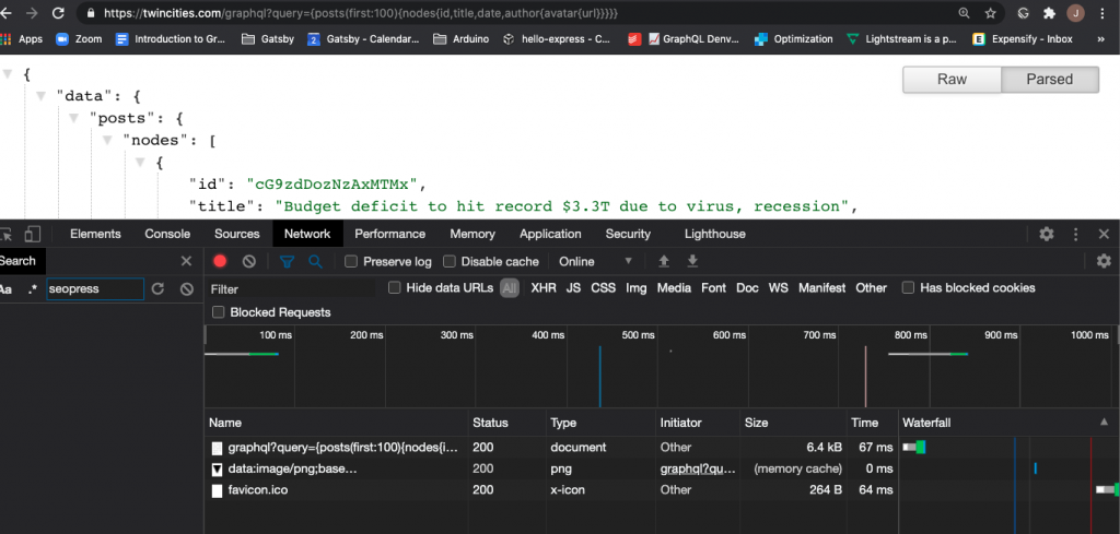 Screenshot showing 100 posts being queried with WPGraphQL